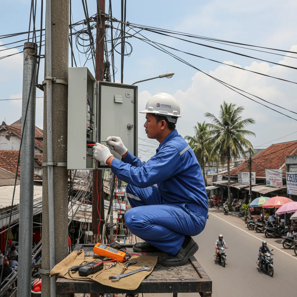 Teknisi melakukan perawatan panel utama